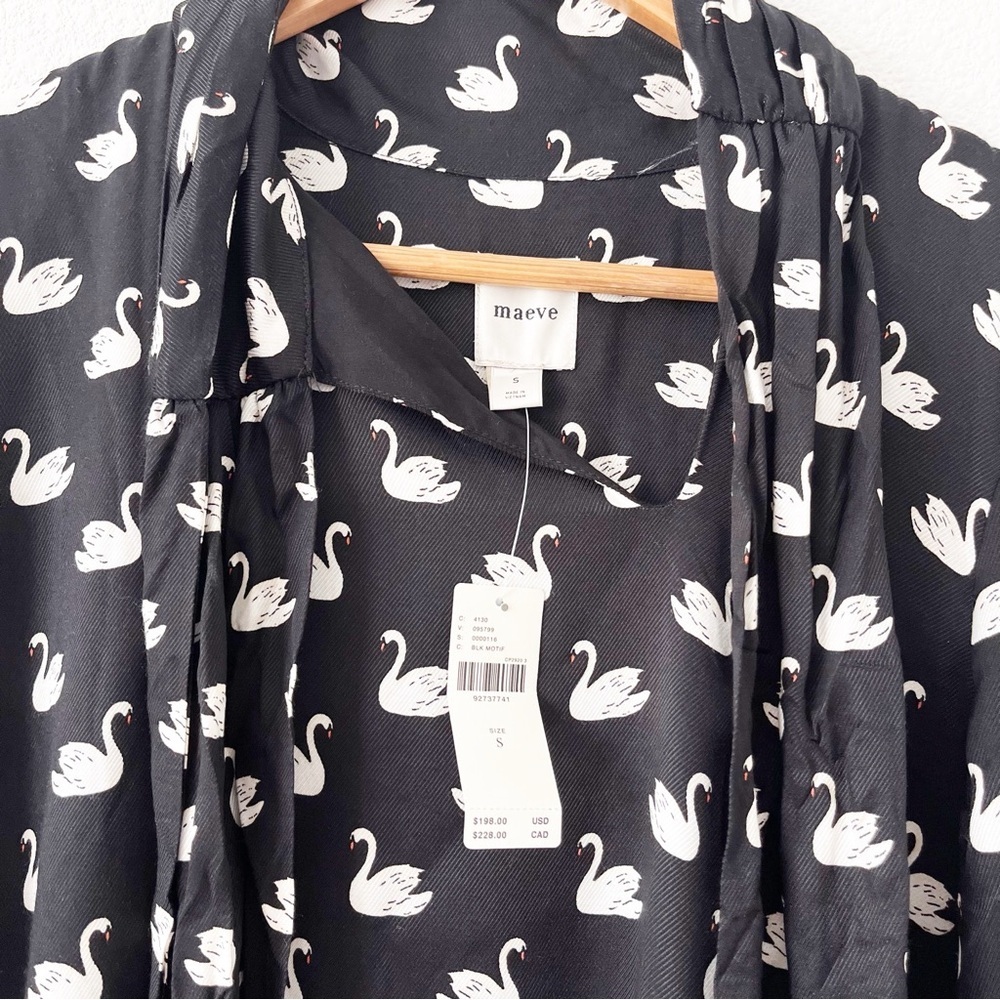 Anthropologie Maeve The Caroline Tie-Neck Mini Dress Black Swan Print - Picture 8 of 9